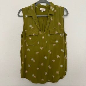 LOFT Olive Green Floral Print Sleeveless V-Neck Blouse